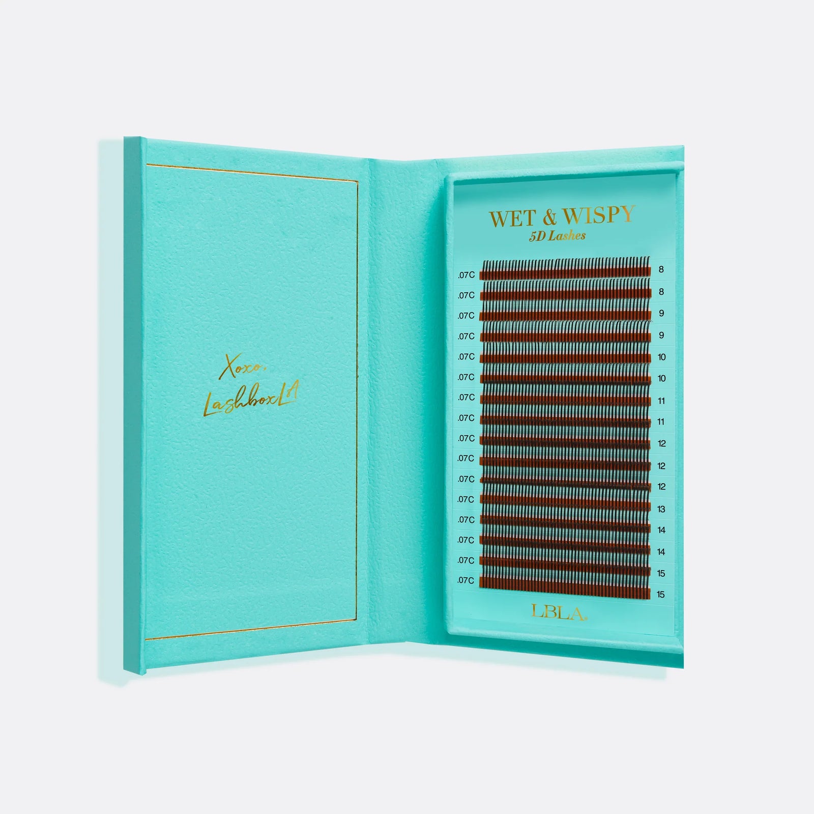 Open teal box containing Wet & Wispy professional 5D bundles of false eyelashes on a light gray background. lash box LA innovation in lashes, for perfect russian volume bundle no counting and for wet spikes easily made.