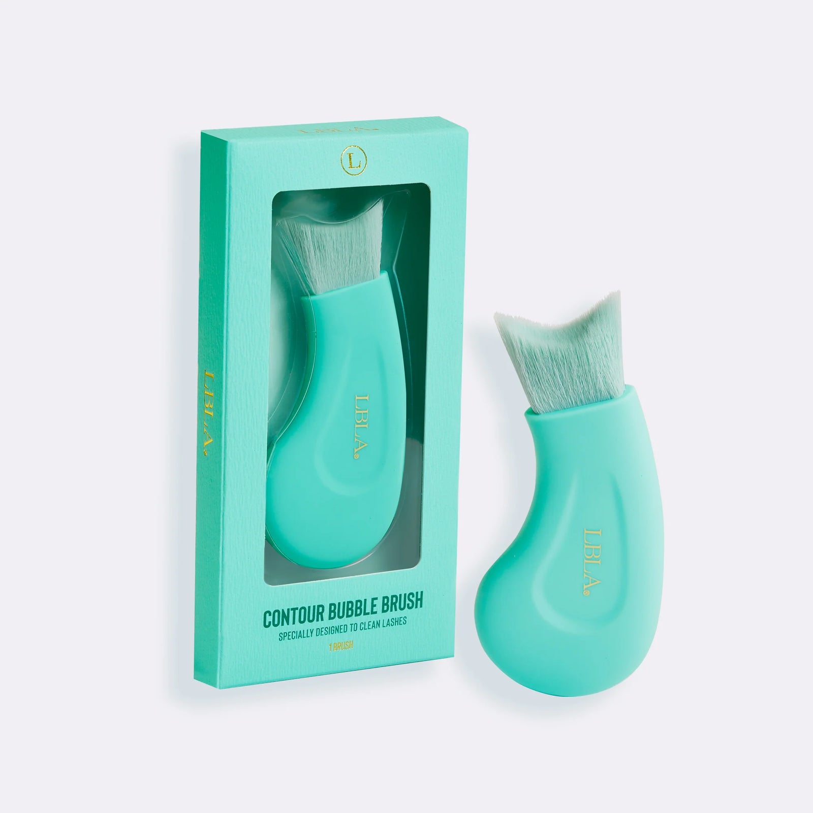 Turquoise contour bubble brush with packaging on a light gray background
Contour lash cleansing brush by Lash Box LA Available in australia 