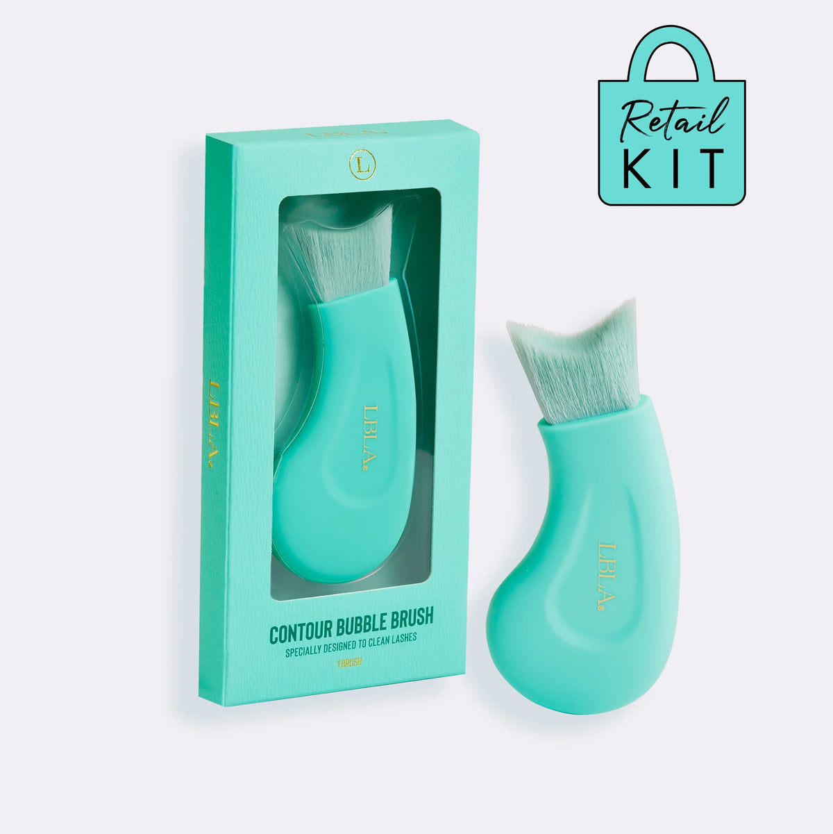 Turquoise contour bubble brush with packaging on a light background Deep cleaning Contour lash cleansing brush retail by Lash Box LA Available in australia 