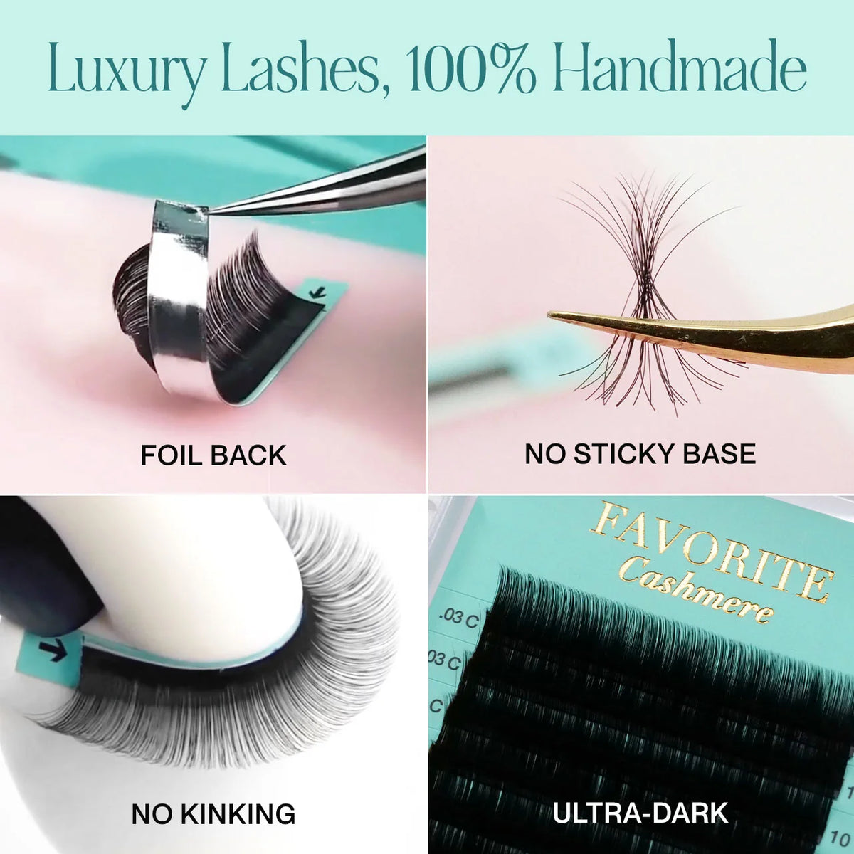 4 x Photo collage for false eyelashes. The top text reads 'Luxury Lashes, 100% Handmade. LBLA 0.07 Cashmere Favorite lashes in turquoise lash boxes. Displaying black cashmere false eyelashes on a clean white background. One box is open, showing the lash tray, and the other is closed with printed size guidance on the front. Australia Premium lash supplies 18 lines per tray easy peel with foil back & eco friendly recyclable packaging 