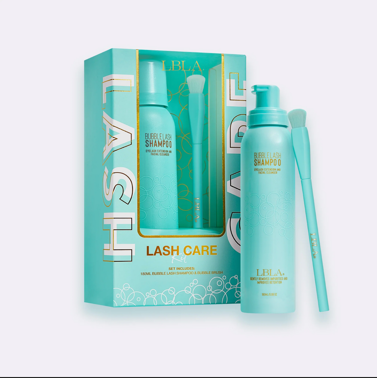 Bubble lash Shampoo 180ml large size with bubble brush for lash aftercare cleaning, packaged in retail kit for well presented aftercare lash client retail. 