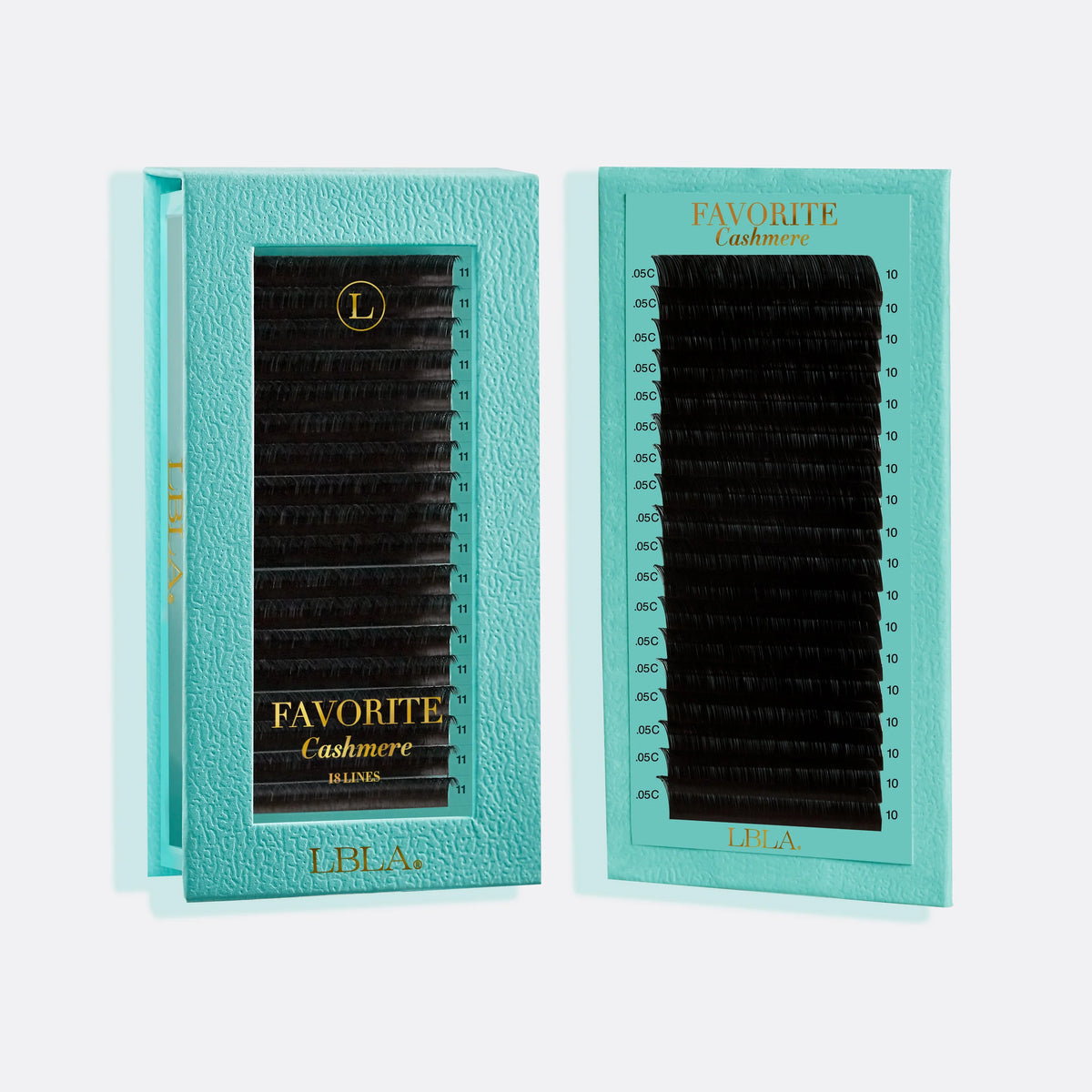 LBLA 0.07 Cashmere Favorite lashes in turquoise lash boxes. Displaying black cashmere false eyelashes on a clean white background. One box is open, showing the lash tray, and the other is closed with printed size guidance on the front. Australia Premium lash supplies 
