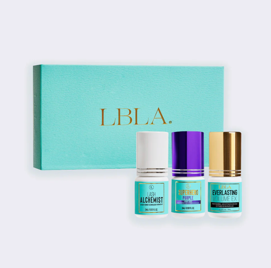 LBLA best Selling Alchemist Superhero purple everlasting ex all 8 week retention adhesive kit sample pack. Three Adhesive bottles with colourful labels in front of a teal box with 'LBLA.' branding.