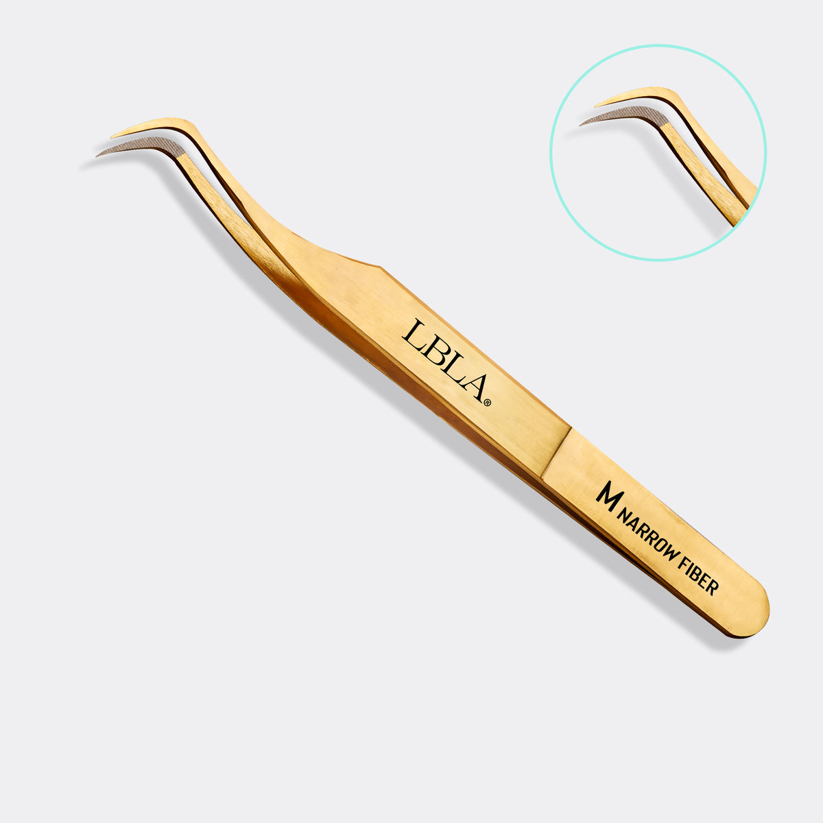 Satin finish Gold-toned LBLA narrow micro fiber tip/grip tweezers with a curved tip, shown on a light gray background with a circular inset detail of the micro fiber grip tweezer foot detail.