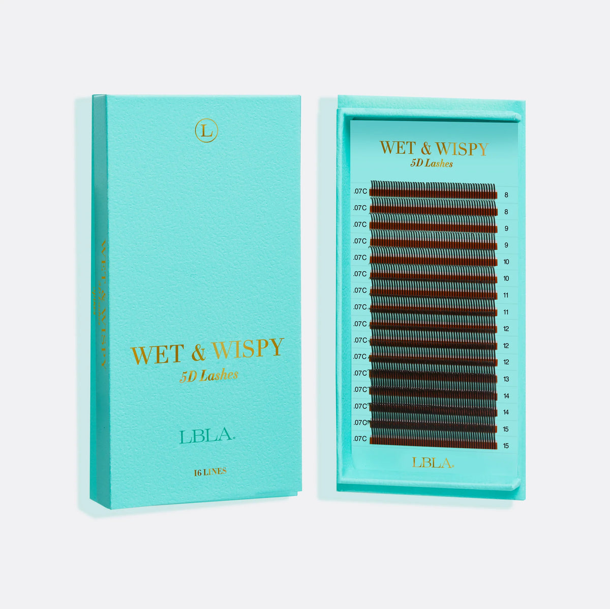 Wet & Wispy eyelash packaging with turquoise box and clear case on a white background. lash box LA beginner friendly russian volume lash trays 