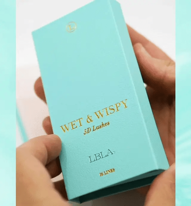 Turquoise box with 'Wet & Wispy' and 'LBLA' text held by a hand against a light blue background, gif fast moving image of lashes in detail being removed from the tray and used. 

Open teal box containing Wet & Wispy professional 5D bundles of false eyelashes on a light gray background. lash box LA innovation in lashes, for perfect russian volume bundle no counting and for wet spikes easily made. 