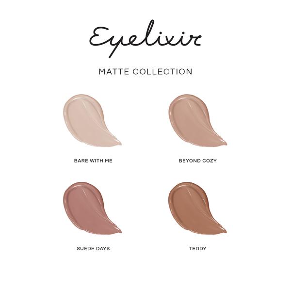 Eyelash extension safe eyeshadows in Matt finish colour swatch chart 1,bear with me 2,Beyond cozy 3,suede days 4,Teddy LBLA COSMETICS AVAILABLE IN AUSTRALIA